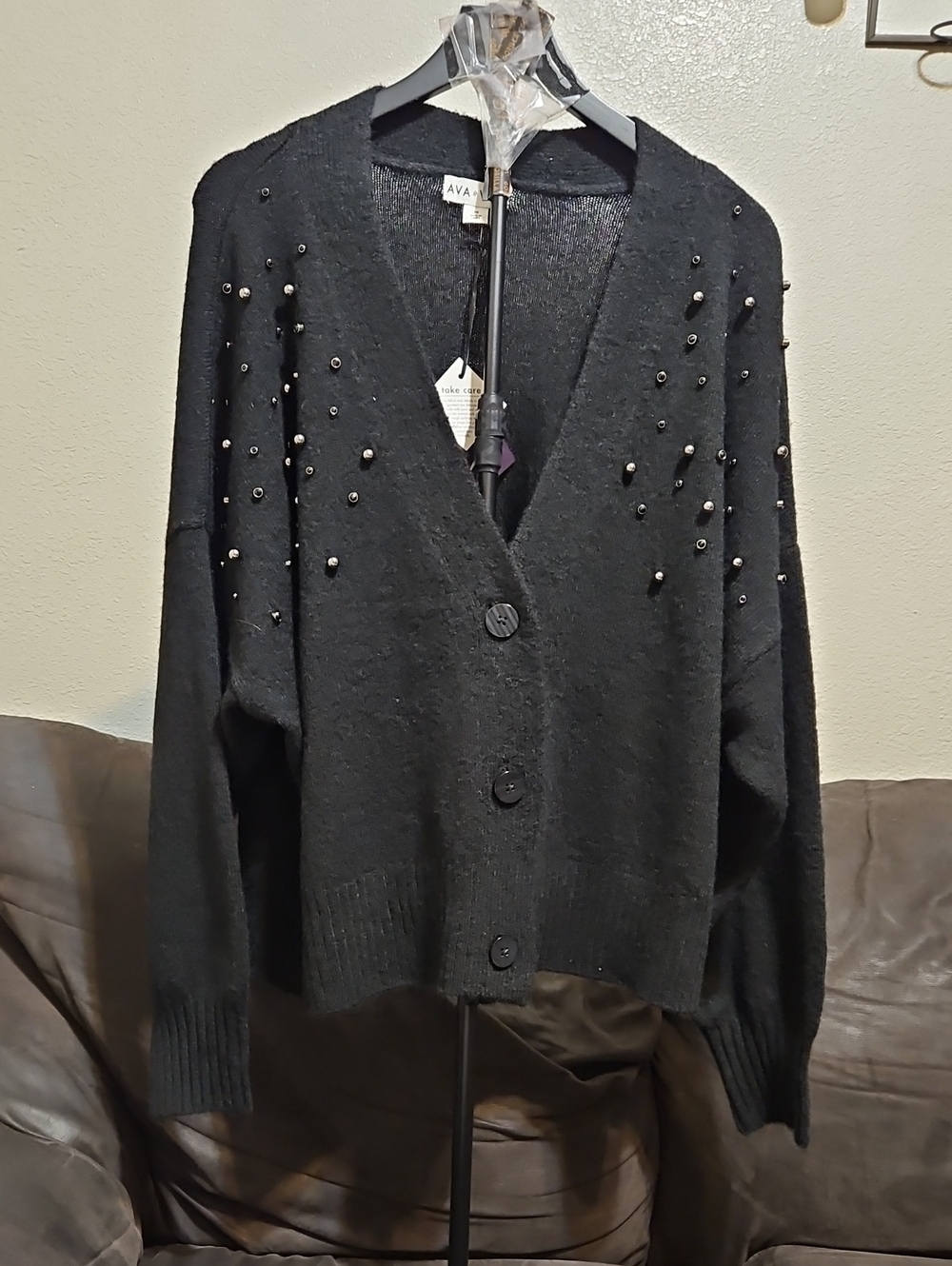 Ava & Viv Black Beaded V-Neck Button Front Cardigan